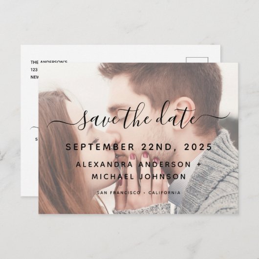 日付の写真とタイポグラフィの保エレガント存 案内ポストカード (正面/裏面)