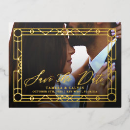 日付の写真と金ゴールド装飾枠の保存 箔招待状ポストカード