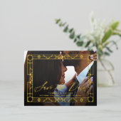 日付の写真と金ゴールド装飾枠の保存 箔招待状ポストカード (立ち正面)