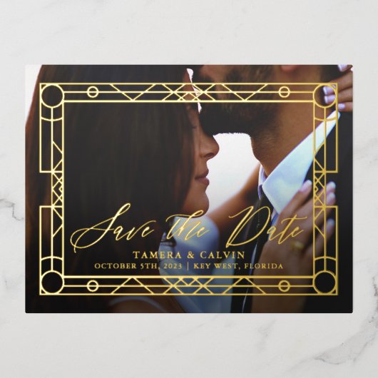 日付の写真と金ゴールド装飾枠の保存 箔招待状ポストカード (正面)