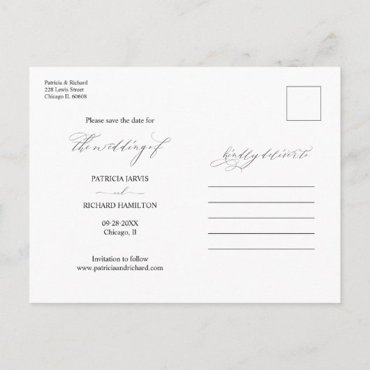 日付の写真を保存したシックな書道の結婚式 ポストカード (裏面)