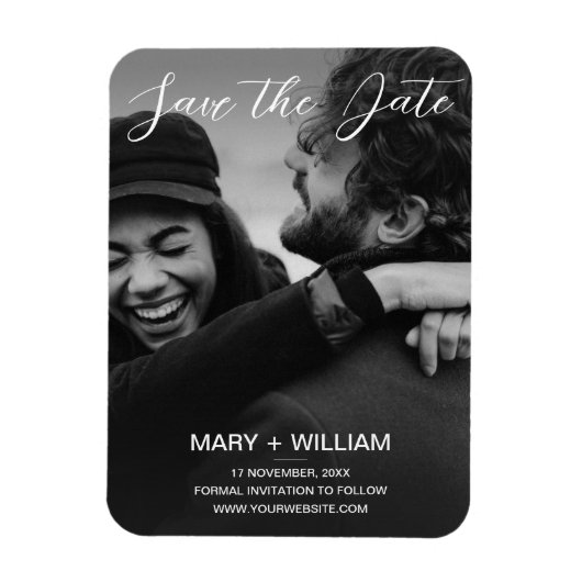 日付の写真を保存する白黒の結婚式 マグネット (縦)