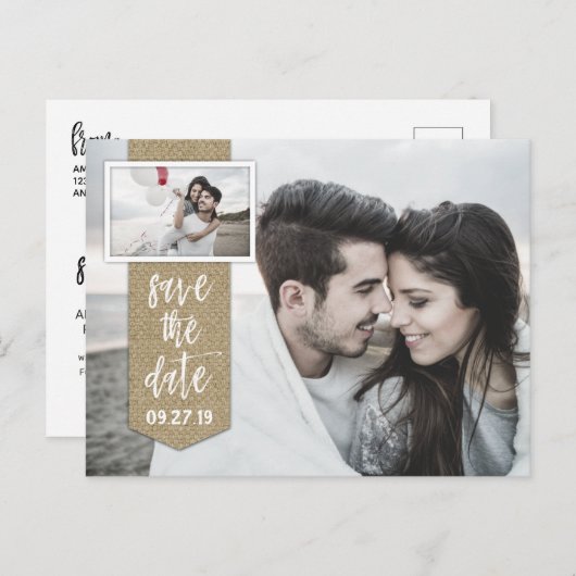 日付の写真を保存素朴する結婚Burlap 案内ポストカード (正面/裏面)