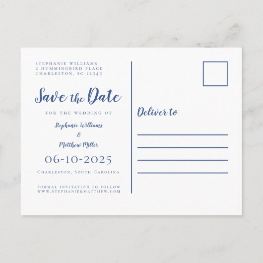 日付の写真を結婚青と白で保存モダンする 案内ポストカード (裏面)