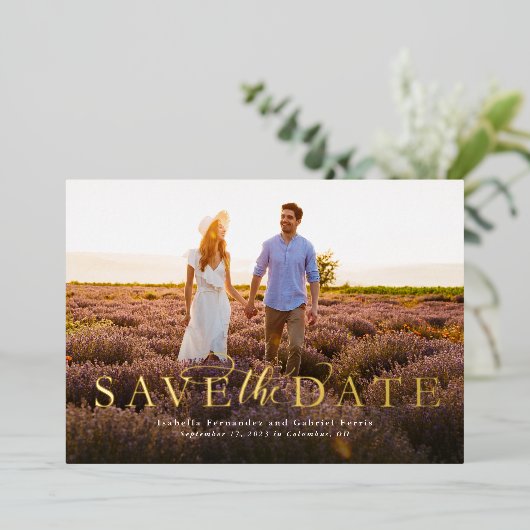 日付の写真シンプルを横エレガントに1つ保存 箔招待状 (立ち正面)