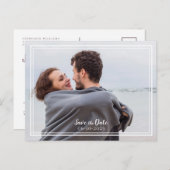 日付の写真結婚を紫と白で保存モダンする 案内ポストカード (正面/裏面)