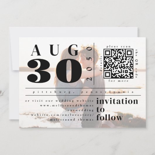 日付の写真QRコードのモダンタイポグラフィ セーブザデート (裏面)