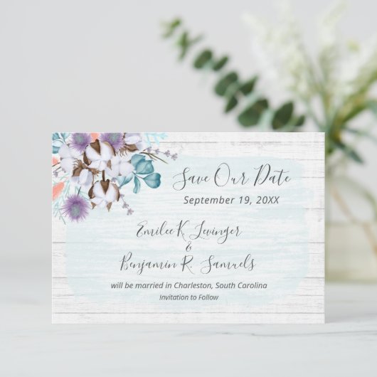 日付の南コットンの国の結婚式カードを保存 招待状 (スタンド正面)