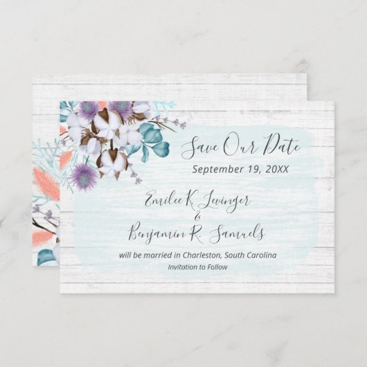 日付の南コットンの国の結婚式カードを保存 招待状 (正面/裏面)