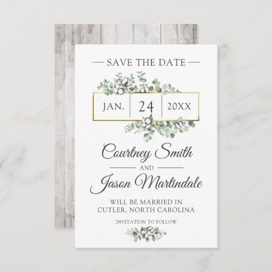 日付の南コットンの国の結婚式カードを保存 招待状 (正面/裏面)