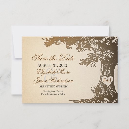 日付の古い木のヴィンテージ平らなカードを救って下さい セーブザデート (正面)