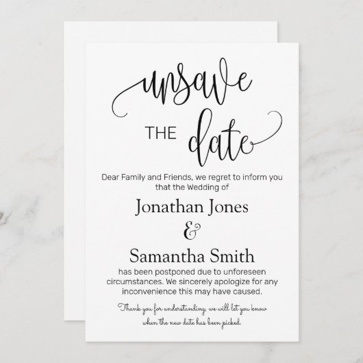 日付の変更の結婚ミニマルな日付の保存を解除 招待状 (正面/裏面)