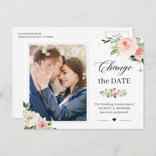 日付の変更エレガント赤面ピンクフローラ写真 ポストカード (正面/裏面)