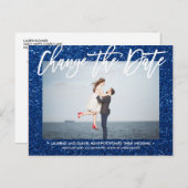 日付の変更グリッター青い書道写真 案内ポストカード (正面/裏面)