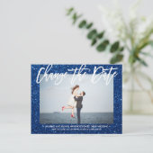 日付の変更グリッター青い書道写真 案内ポストカード (スタンド正面)