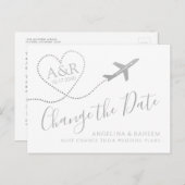 日付の変更シルバートラベル目的地の結婚式 案内ポストカード (正面/裏面)