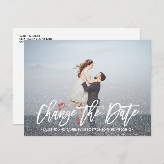 日付の変更タイポグラフィグリッター銀写真 案内ポストカード (正面/裏面)