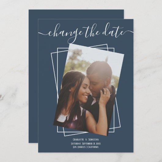 日付の変更タイポグラフィ写真結婚のカード セーブザデート (正面/裏面)