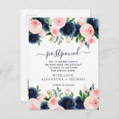 日付の変更ネイビーブルー赤面ピンクフローラ 案内ポストカード (正面/裏面)