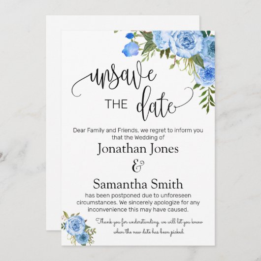 日付の変更日の青色のフローラを保存解除します。 招待状 (正面/裏面)