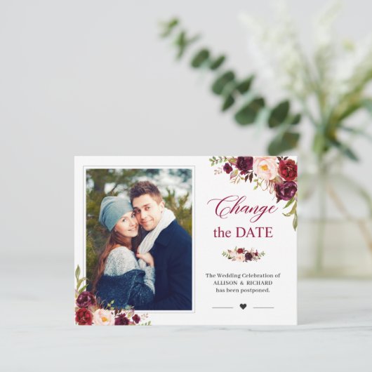 日付の変更Burgundy素朴赤面フローラ写真 ポストカード (スタンド正面)