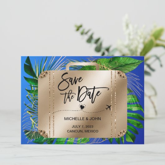 日付の宛先の結婚式の旅行スーツケースを保存 セーブザデート (スタンド正面)