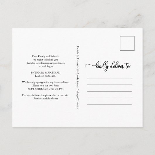 日付の延期された黒結婚いスクリプトを変更する ポストカード (裏面)