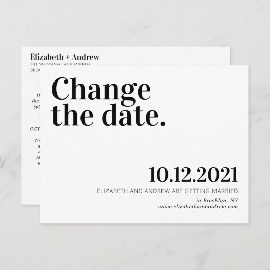 日付の延期を結婚変更するミニマル 案内ポストカード (正面/裏面)