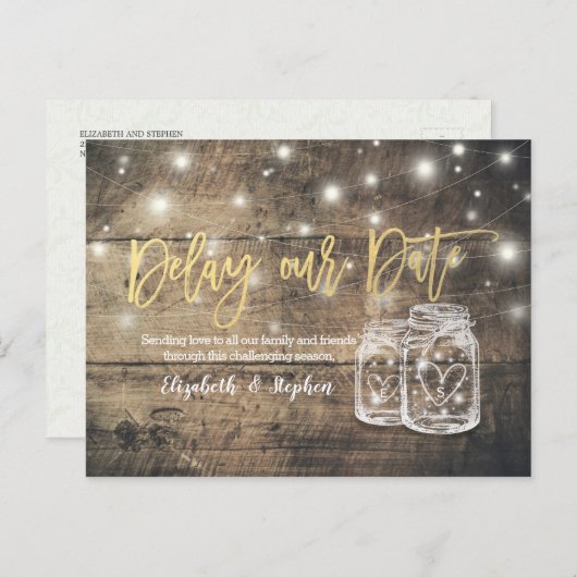 日付の延期結婚を延期するメイソンJar Wood 案内ポストカード (正面/裏面)