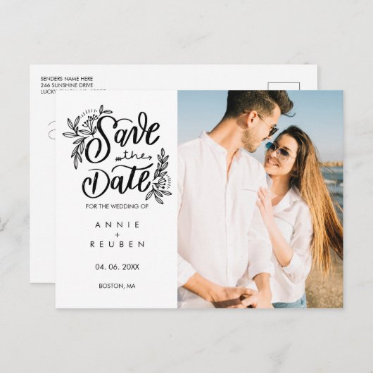 日付の手書きかわいらしの写真を保モダン存 案内ポストカード (正面/裏面)