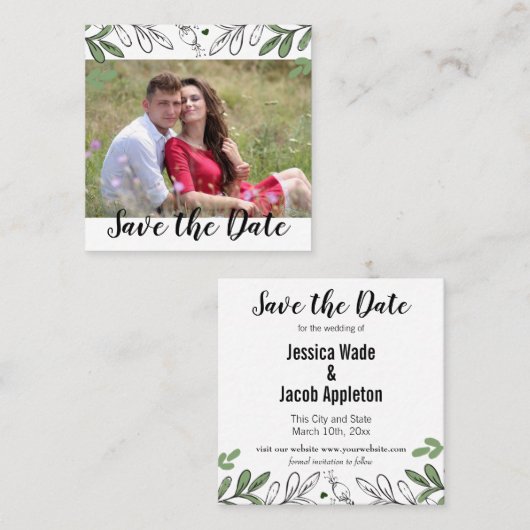 日付の手書きの植物お洒落の注釈を保存する スクエア名刺 (正面/裏面)