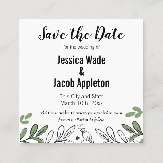 日付の手書きの植物お洒落の注釈を保存する スクエア名刺 (裏面)