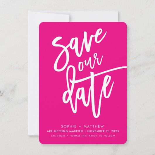 日付の手書きスクリプトの暗い赤紫色を白で保存 招待状 (正面)