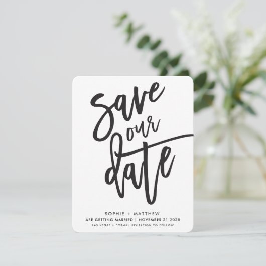 日付の手書きスクリプト白黒の保存 招待状 (スタンド正面)