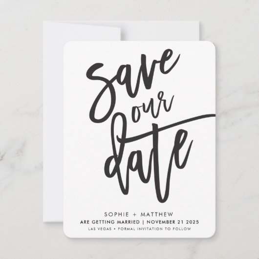 日付の手書きスクリプト白黒の保存 招待状 (正面)