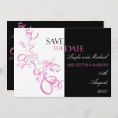 日付の招待を保存するピンクの渦巻き 招待状 (正面/裏面)