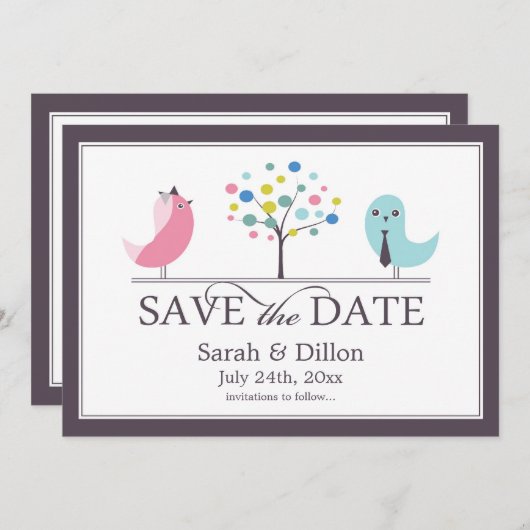 日付の新郎新婦の鳥平らなカードを救って下さい セーブザデート (正面/裏面)