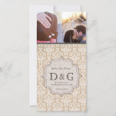 日付の旧式で白いダマスク織のFilligreeカードを救って下さい セーブザデート (正面)