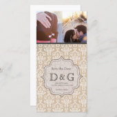 日付の旧式で白いダマスク織のFilligreeカードを救って下さい セーブザデート (正面/裏面)