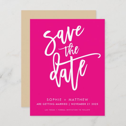 日付の書道のスクリプモダントをホットピンク色で保存 セーブザデート (正面/裏面)