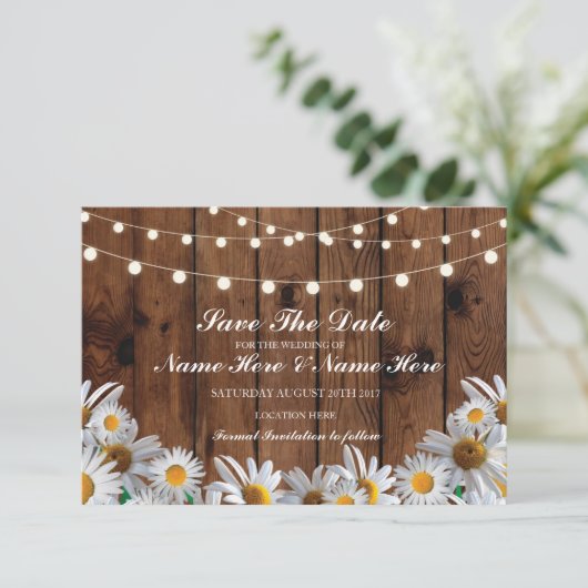 日付の木製の素朴なデイジーライトカードを救って下さい セーブザデート (スタンド正面)