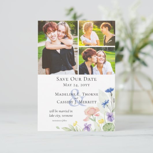 日付の水の色のエレガントワイルドフラワーを保存 招待状 (スタンド正面)