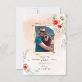 日付の水の色のサンゴの花のフォトフレームを保存 招待状 (正面)