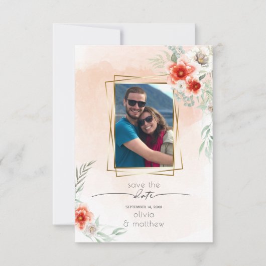 日付の水の色のサンゴの花のフォトフレームを保存 招待状 (正面)
