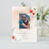 日付の水の色のサンゴの花のフォトフレームを保存 招待状 (スタンド正面)