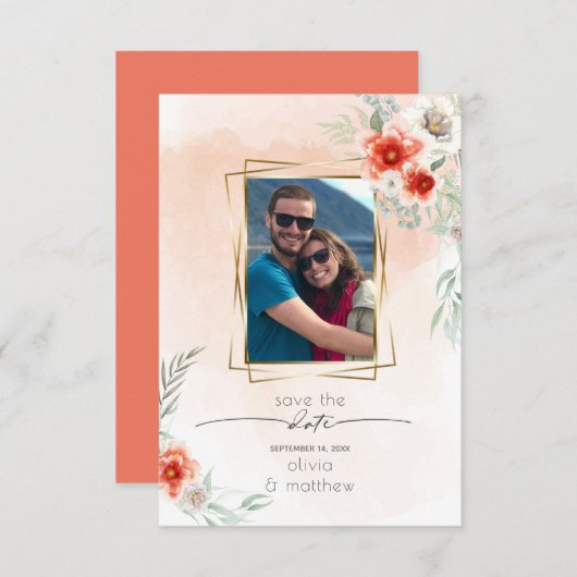 日付の水の色のサンゴの花のフォトフレームを保存 招待状 (正面/裏面)