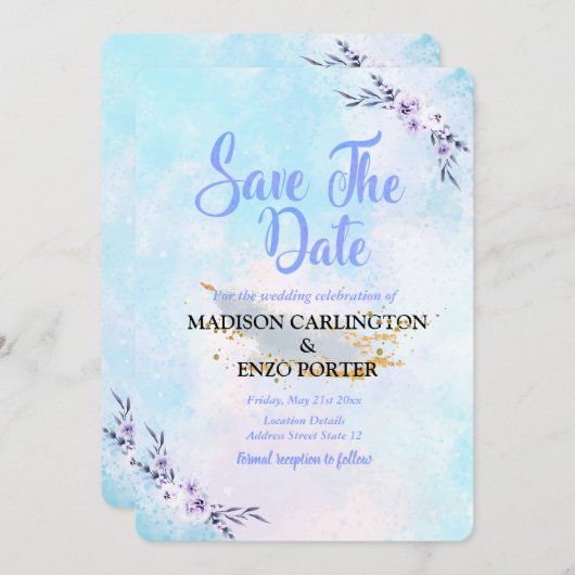 日付の水の色のパステルを保存 招待状 (正面/裏面)