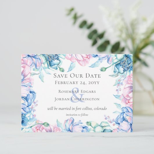 日付の水の色のフローラと木の素朴カードを保存 招待状 (スタンド正面)