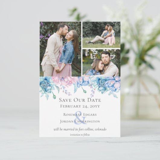 日付の水の色のフローラの結婚カードを保存 招待状 (スタンド正面)