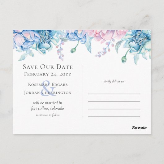 日付の水の色のフローラ結婚の3枚の写真を保存 ポストカード (裏面)